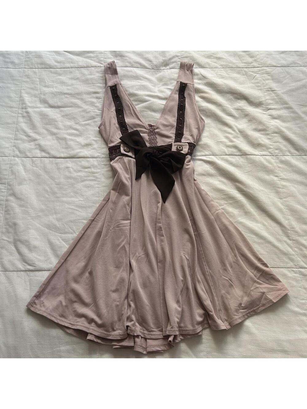 Axes Femme Mauve Pink Dress Brown Ribbon Bow Lace Empire Waist M Japan